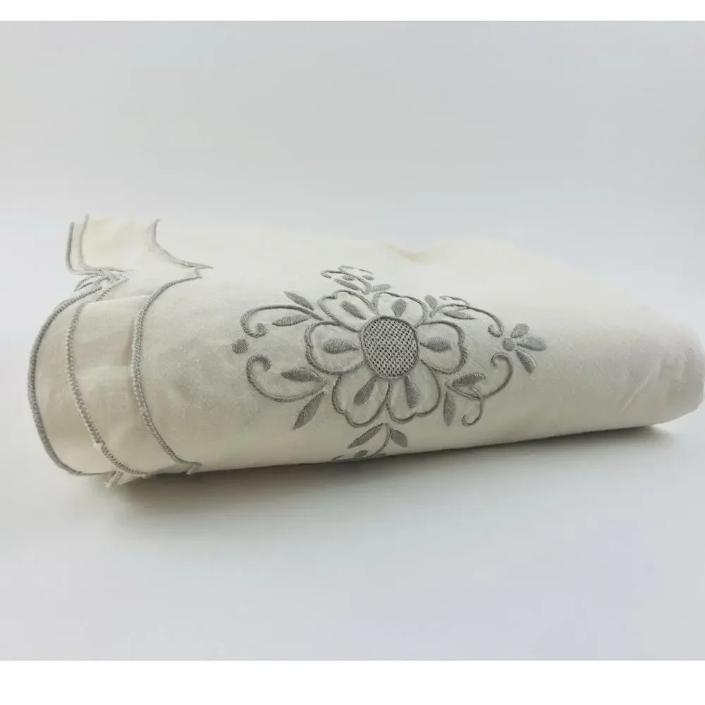 Vintage Large Tablecloth and 12 Napkins Embroidered Cream Grey Floral Bell Gray